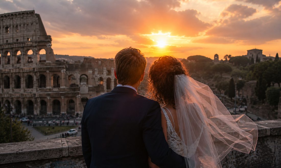 Couple watching the sunset over the Colosseum in Rome